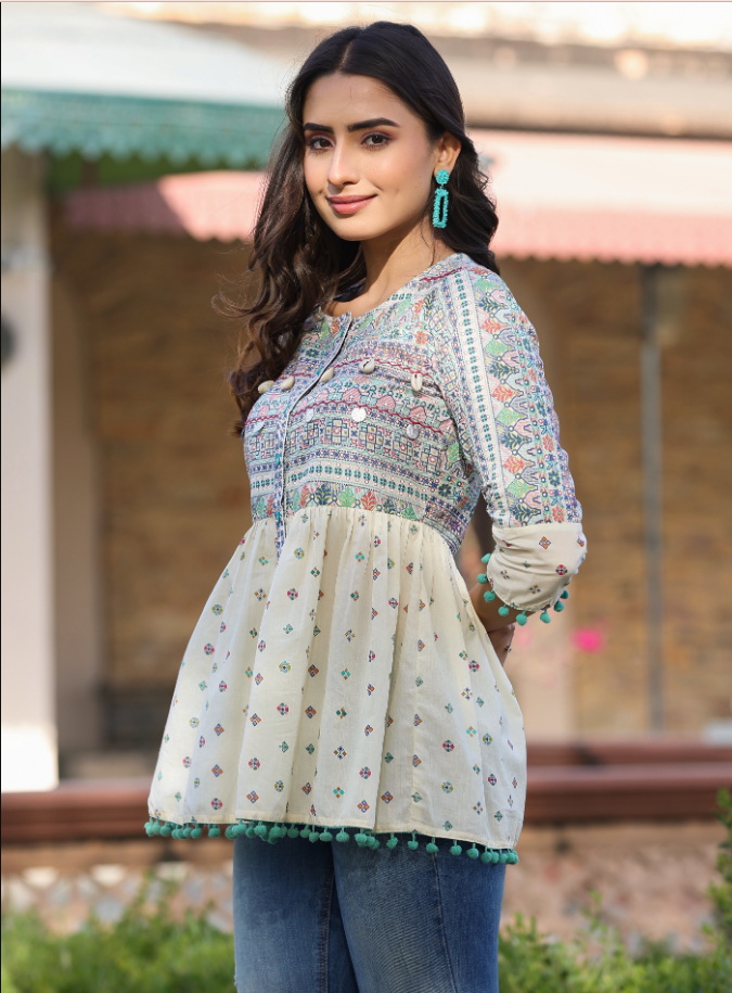 Women's Ivory Cotton Cambric Tribal Printed Peplum Tunic.