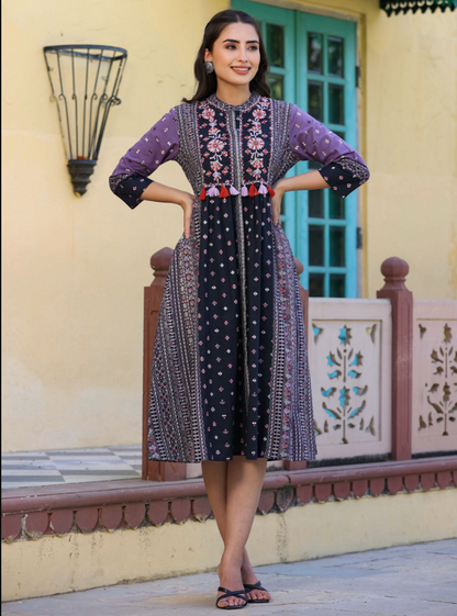 Women's Lavender  Printed Embroidered Flared Dress