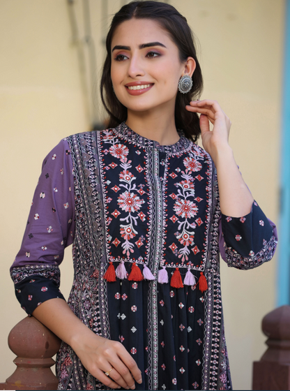 Women's Lavender  Printed Embroidered Flared Dress