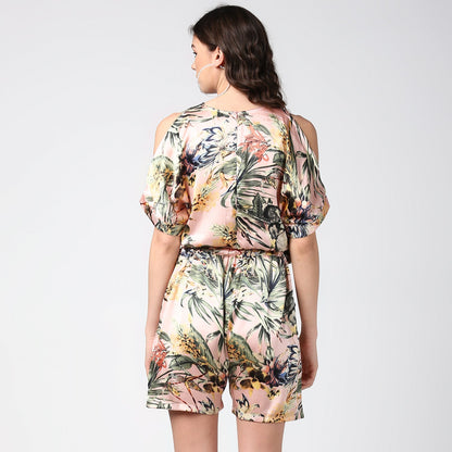 Women's Peach Satin Floral Playsuit