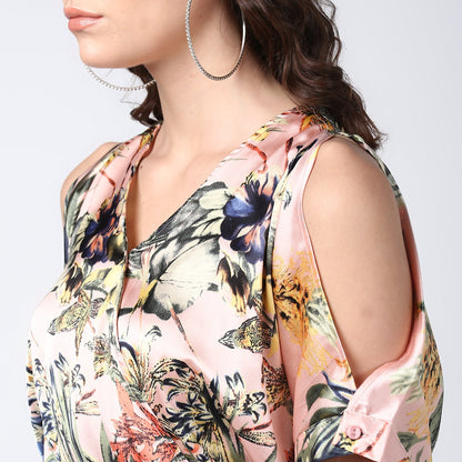 Women's Peach Satin Floral Playsuit