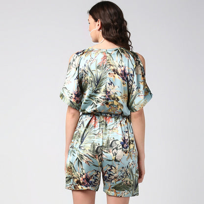 Women's Blue Satin Floral Playsuit