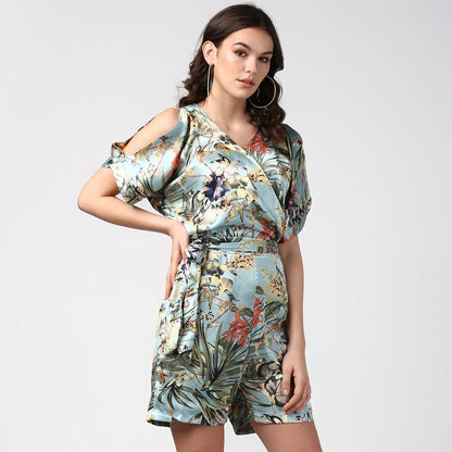 Women's Blue Satin Floral Playsuit