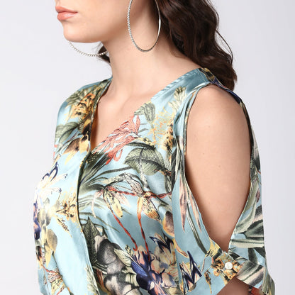 Women's Blue Satin Floral Playsuit