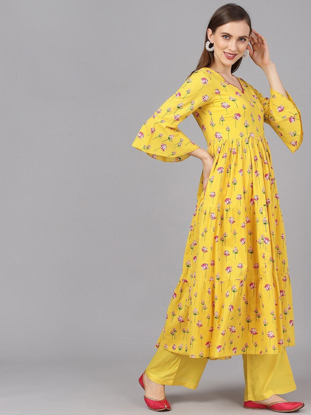 Women's  Yellow & Magenta Printed Anarkali Kurta