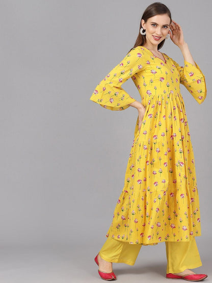 Women's  Yellow & Magenta Printed Anarkali Kurta