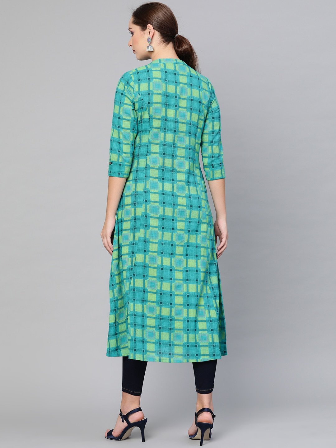 Women's  Blue & Green Checked A-Line Kurta
