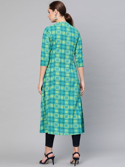 Women's  Blue & Green Checked A-Line Kurta