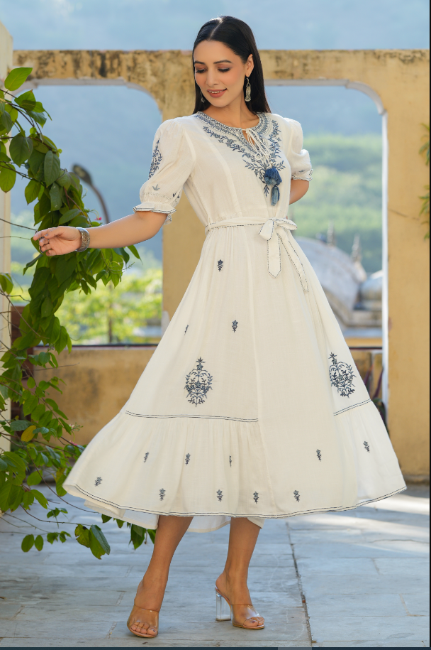 Women's White Rayon Slub Embroidered Maxi Flared Dress.