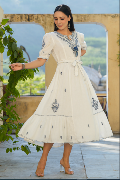 Women's White Rayon Slub Embroidered Maxi Flared Dress.