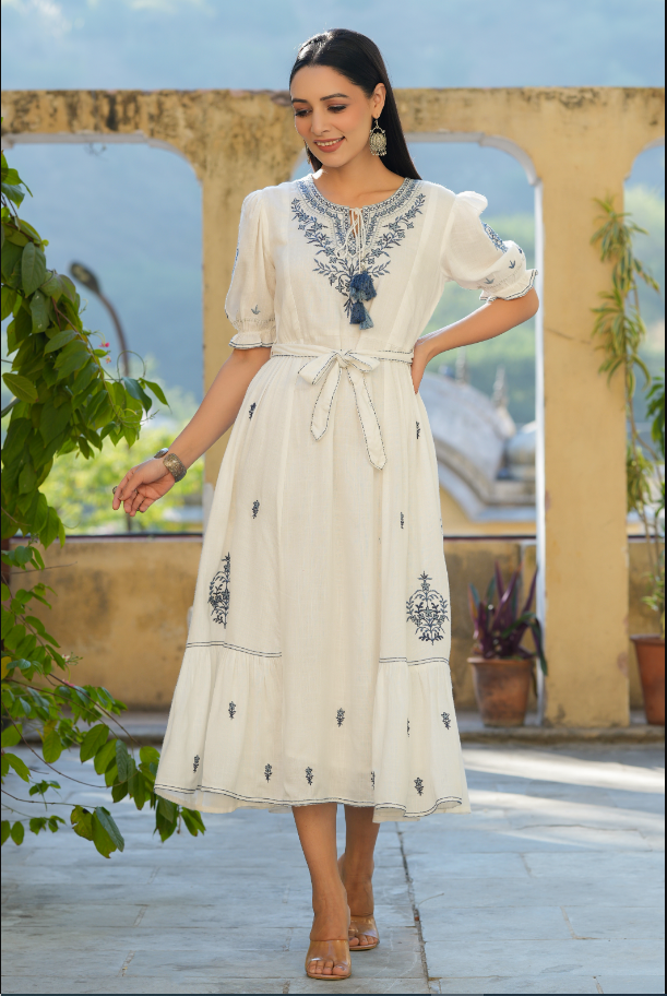 Women's White Rayon Slub Embroidered Maxi Flared Dress.