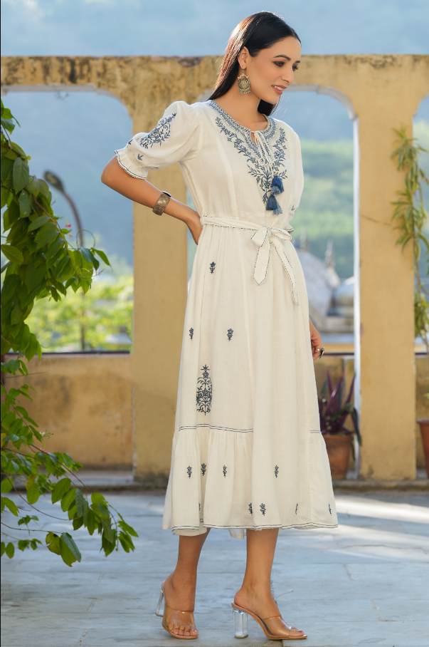Women's White Rayon Slub Embroidered Maxi Flared Dress.