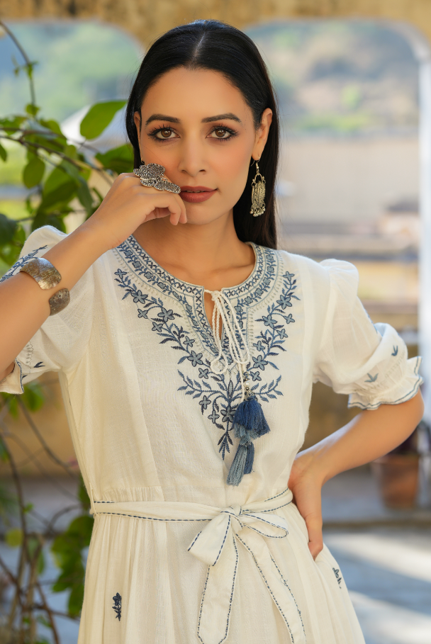 Women's White Rayon Slub Embroidered Maxi Flared Dress.