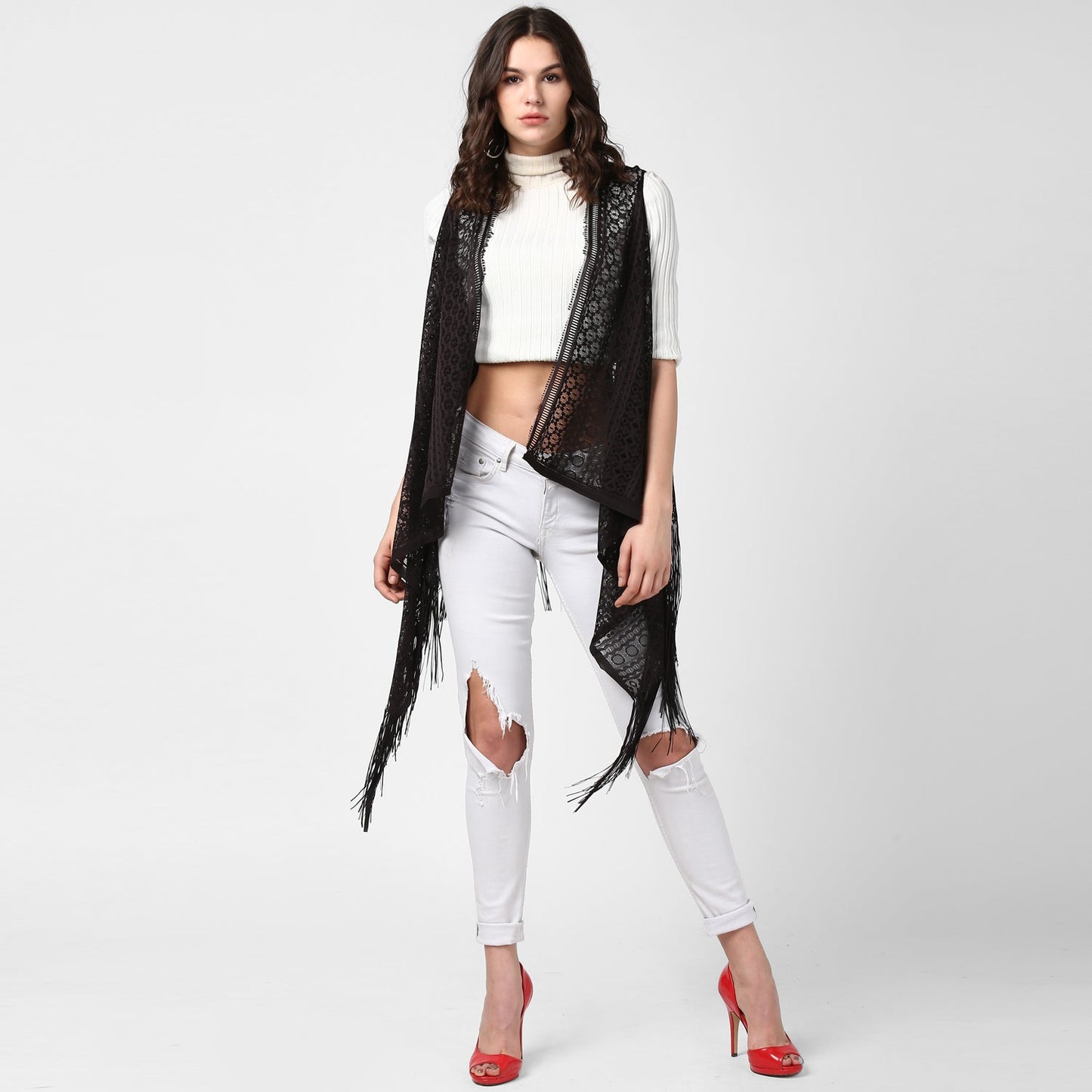 Women's Black Long Lace Shrug