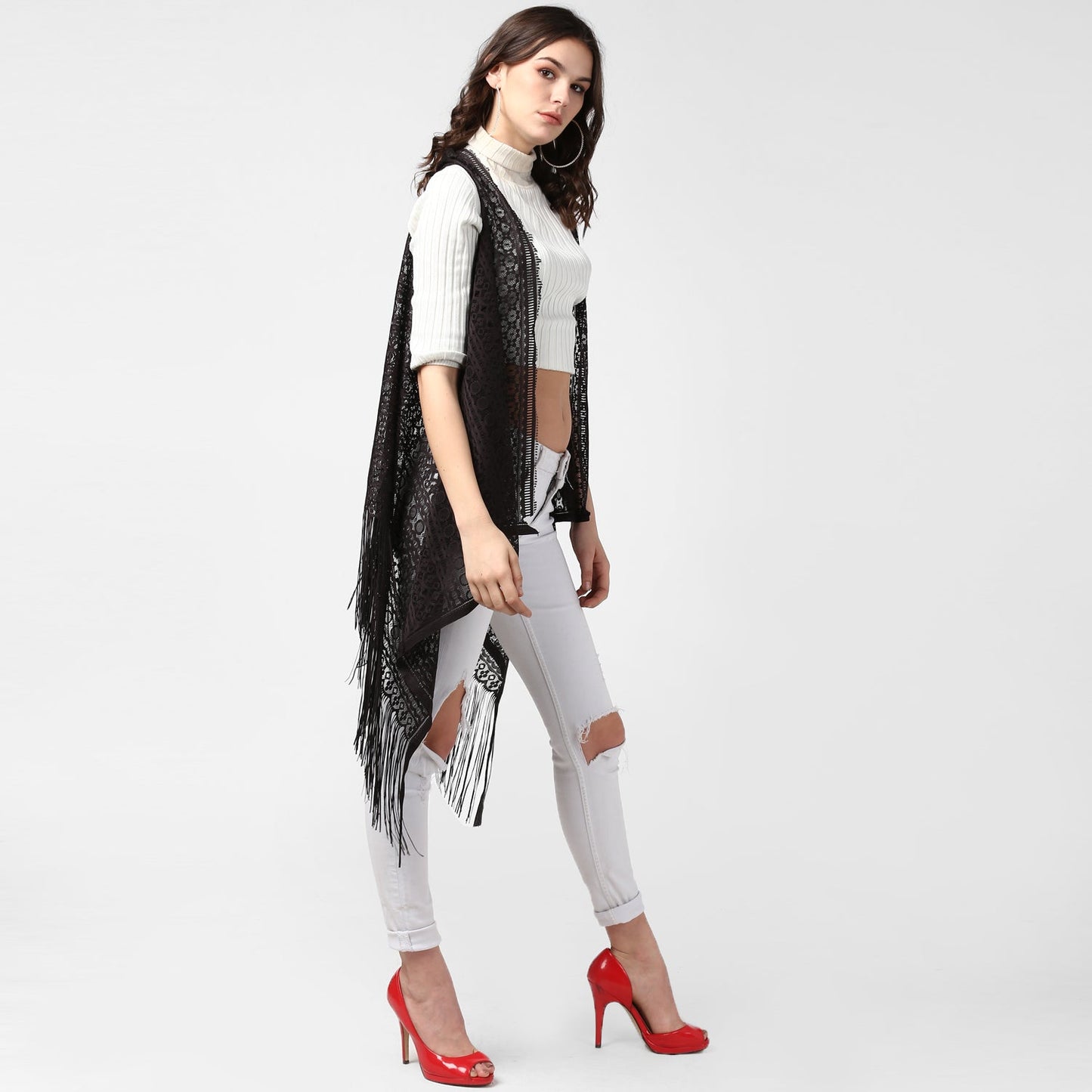 Women's Black Long Lace Shrug