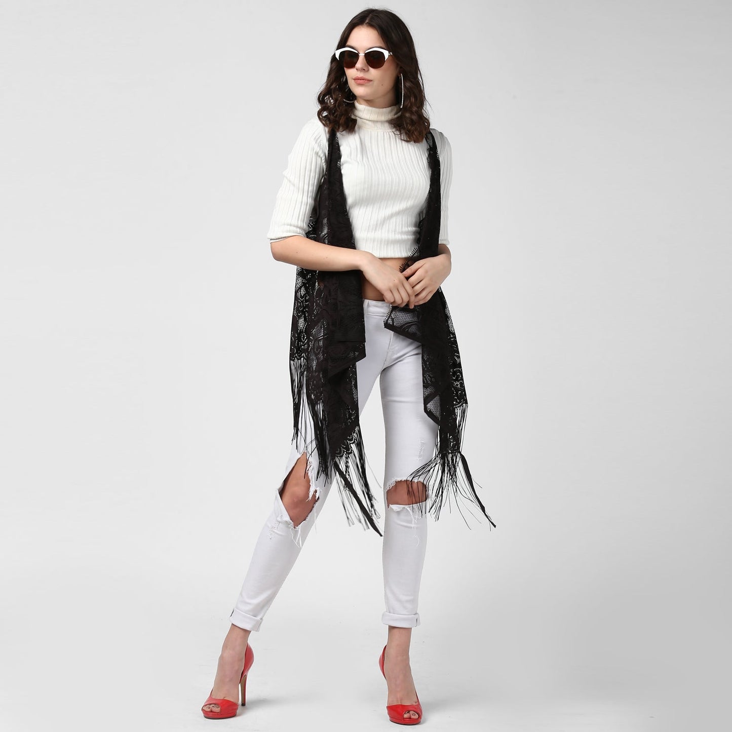 Women's Black Long Lace Shrug