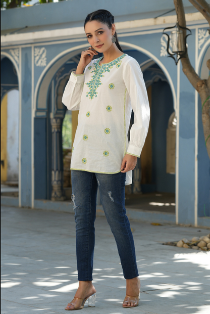 Women's Off-White Cambric Solid Embroidered Tunic