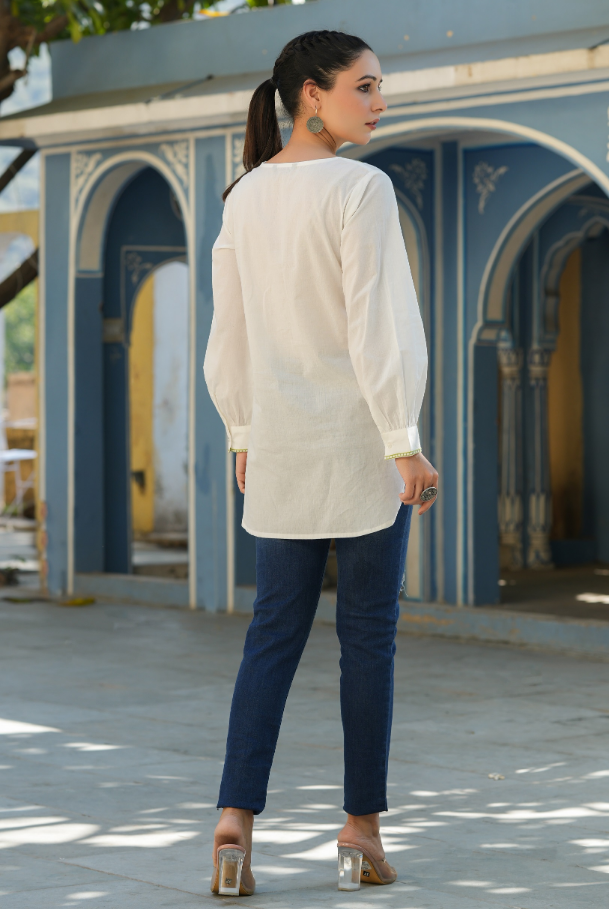Women's Off-White Cambric Solid Embroidered Tunic