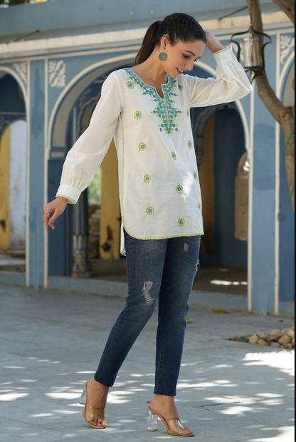 Women's Off-White Cambric Solid Embroidered Tunic