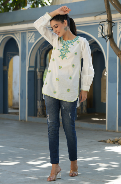 Women's Off-White Cambric Solid Embroidered Tunic