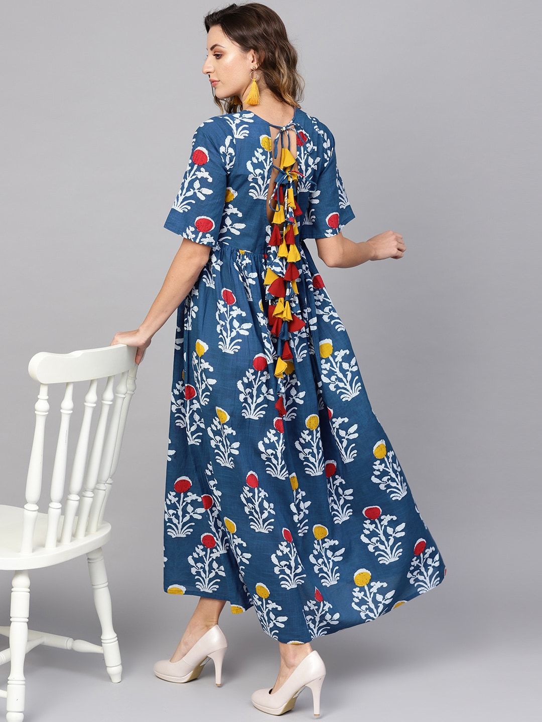 Women's  Blue & White Printed Maxi Dress