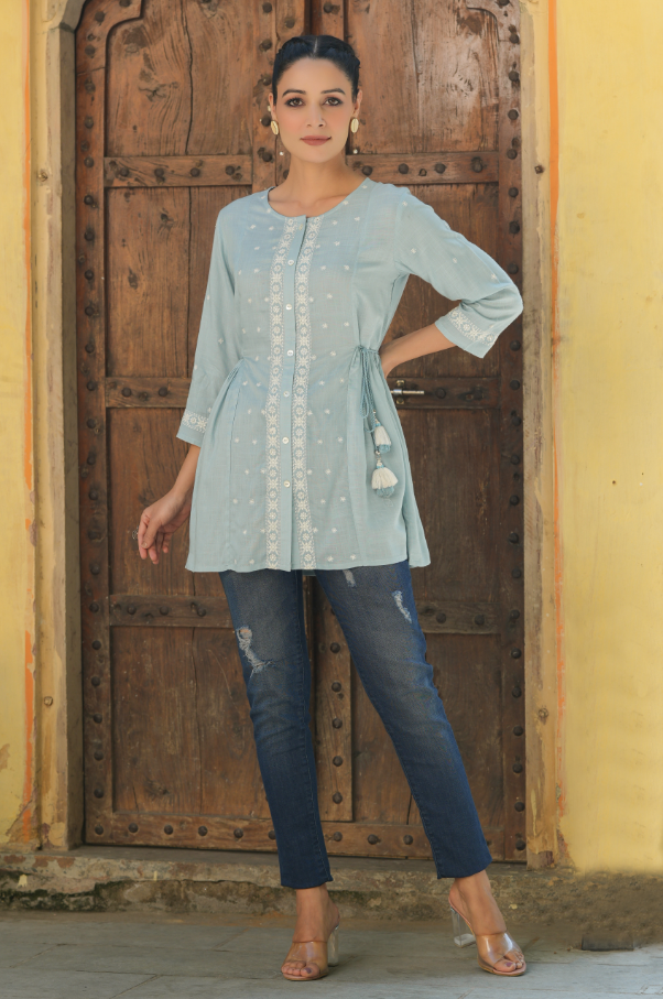 Women's Blue Rayon Slub Solid Embroidered Straight Tunic
