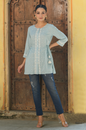 Women's Blue Rayon Slub Solid Embroidered Straight Tunic