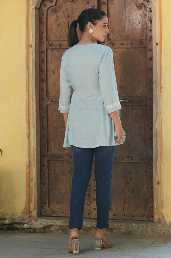Women's Blue Rayon Slub Solid Embroidered Straight Tunic