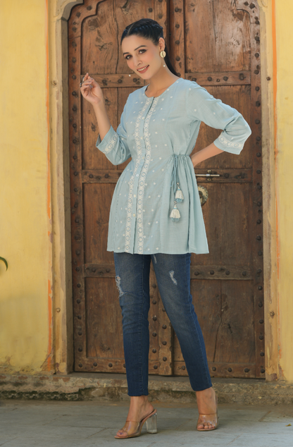 Women's Blue Rayon Slub Solid Embroidered Straight Tunic