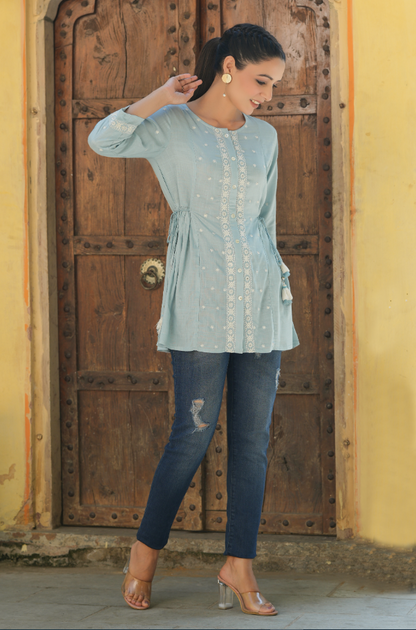 Women's Blue Rayon Slub Solid Embroidered Straight Tunic