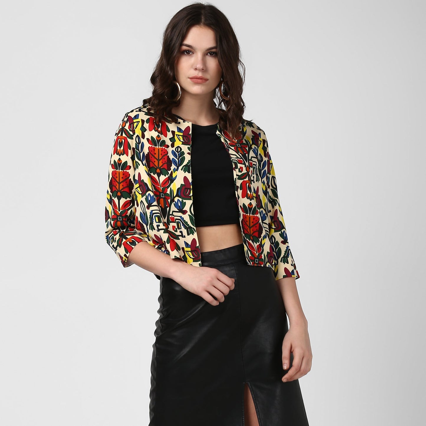 Women's Multi color Bright Printed Polyester Open Shrug