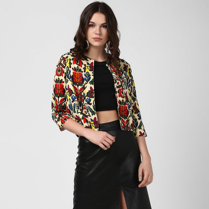 Women's Multi color Bright Printed Polyester Open Shrug