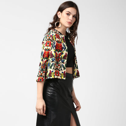 Women's Multi color Bright Printed Polyester Open Shrug