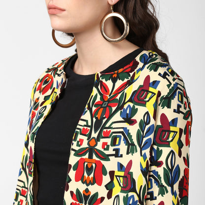 Women's Multi color Bright Printed Polyester Open Shrug