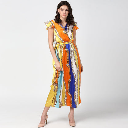 Women's Chain Print Multi Colored Satin Maxi Dress