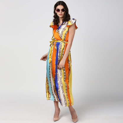 Women's Chain Print Multi Colored Satin Maxi Dress