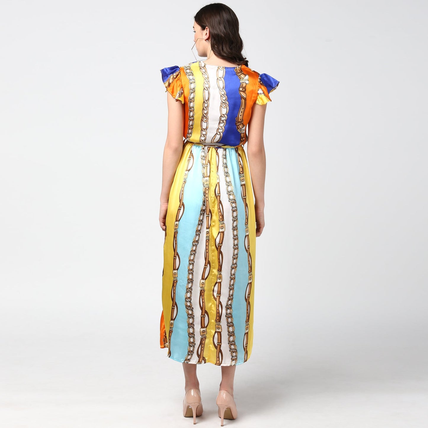 Women's Chain Print Multi Colored Satin Maxi Dress