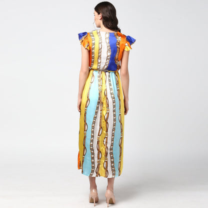 Women's Chain Print Multi Colored Satin Maxi Dress