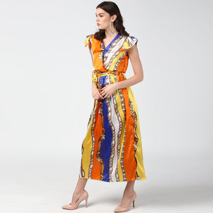 Women's Chain Print Multi Colored Satin Maxi Dress