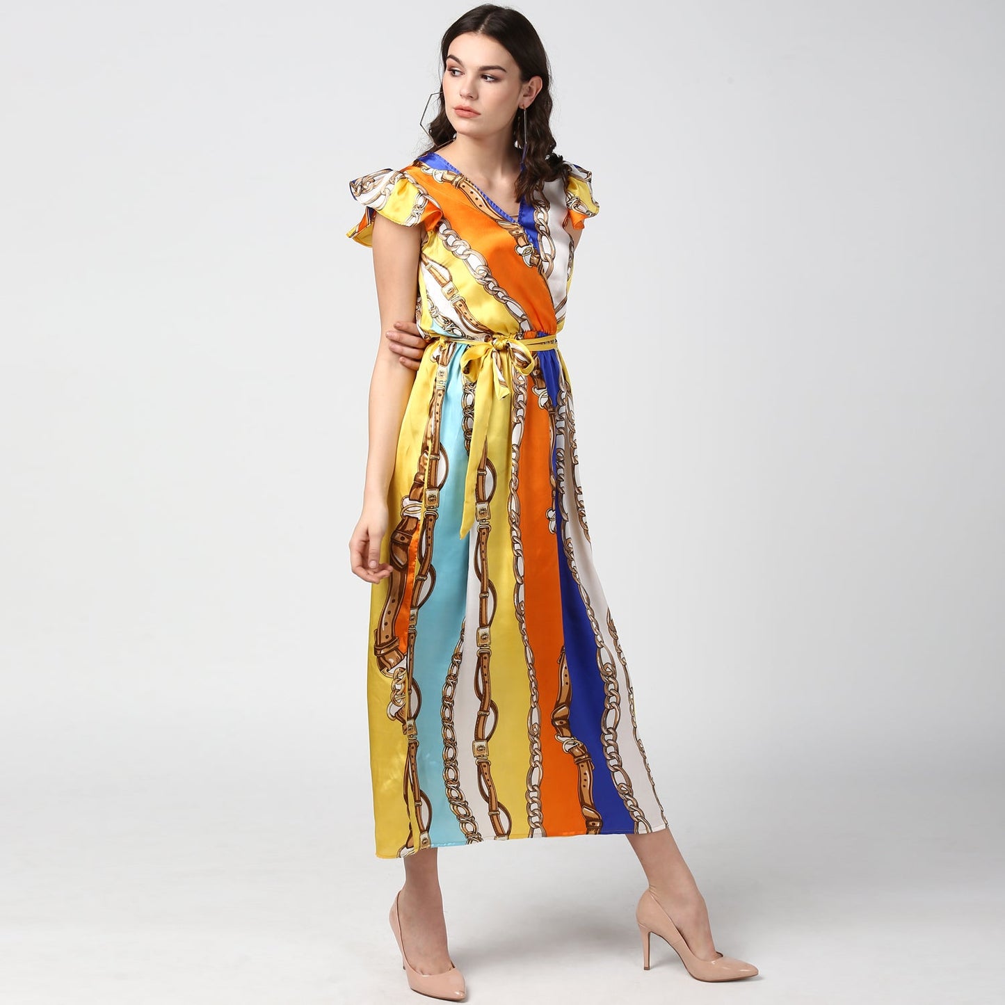 Women's Chain Print Multi Colored Satin Maxi Dress