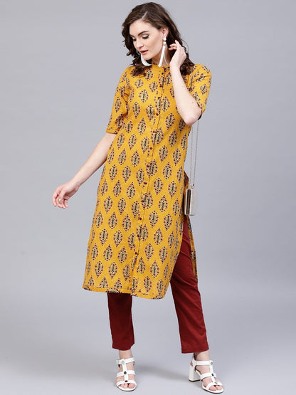 Women's  Yellow & Maroon Printed Kantha Work Kurta with Trousers