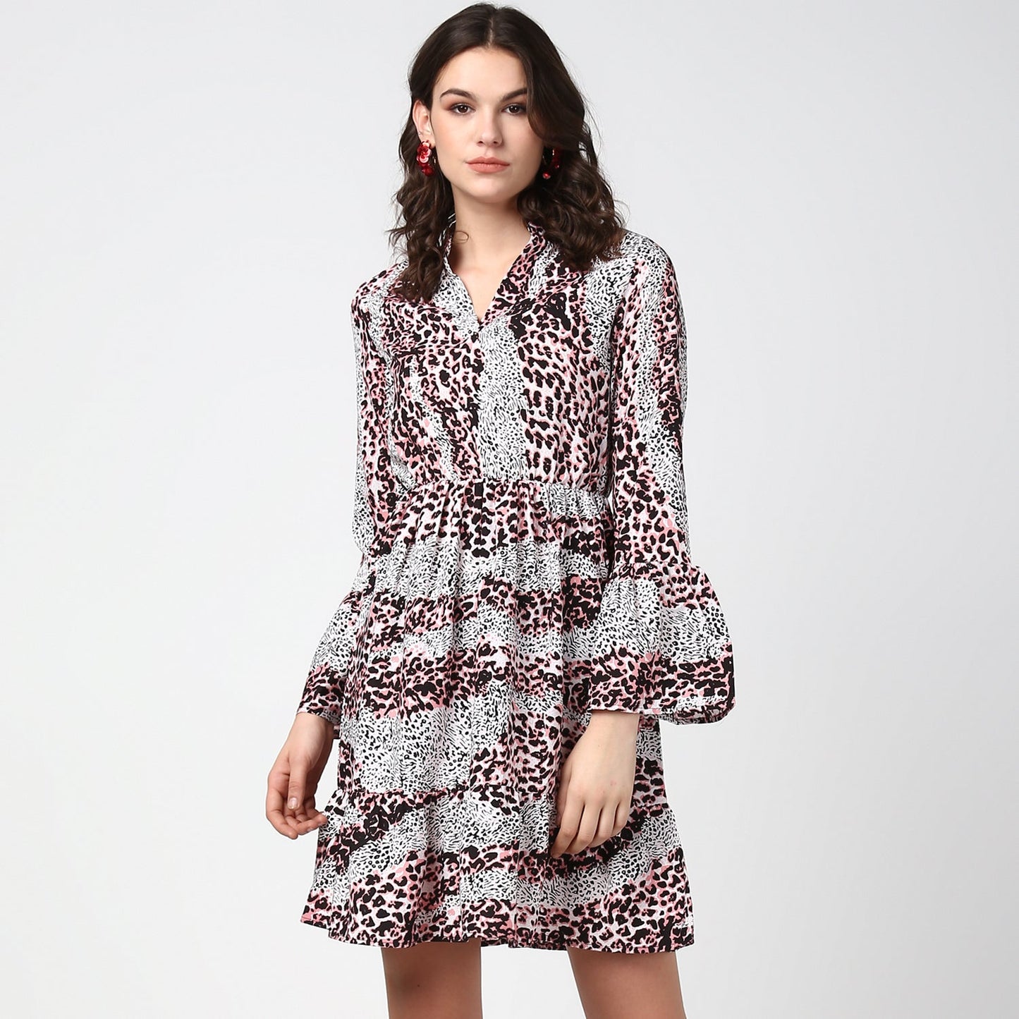 Women's Pink and Black Animal Print Dress with Bell Sleeves