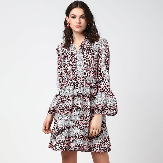 Women's Pink and Black Animal Print Dress with Bell Sleeves