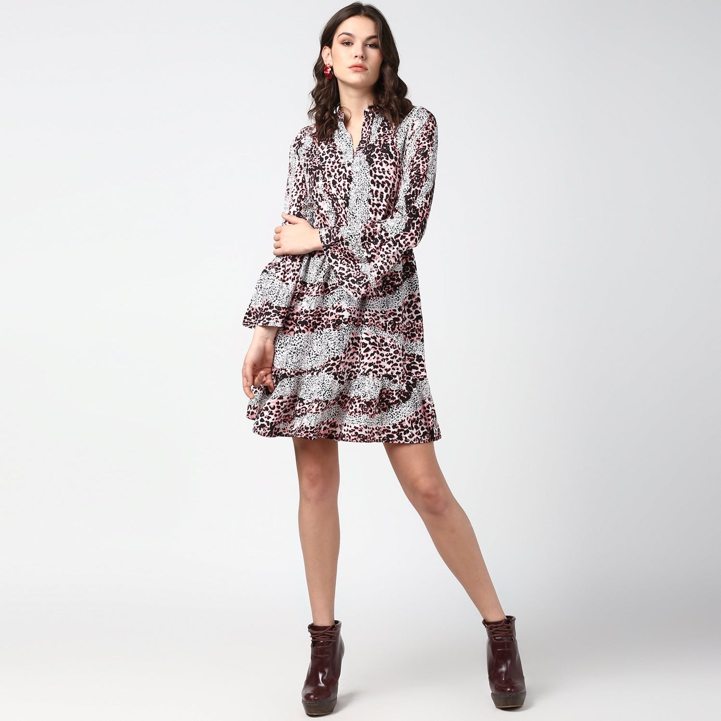Women's Pink and Black Animal Print Dress with Bell Sleeves