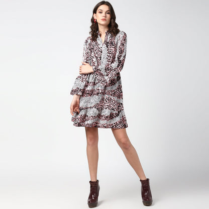 Women's Pink and Black Animal Print Dress with Bell Sleeves