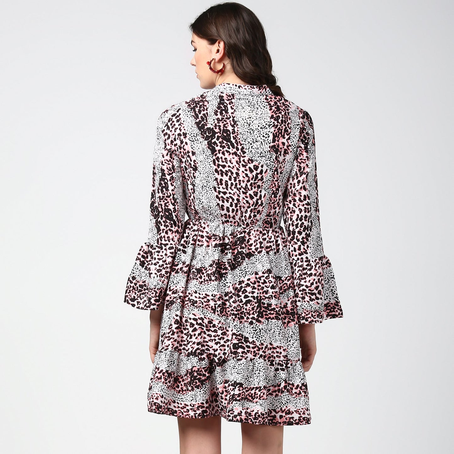 Women's Pink and Black Animal Print Dress with Bell Sleeves