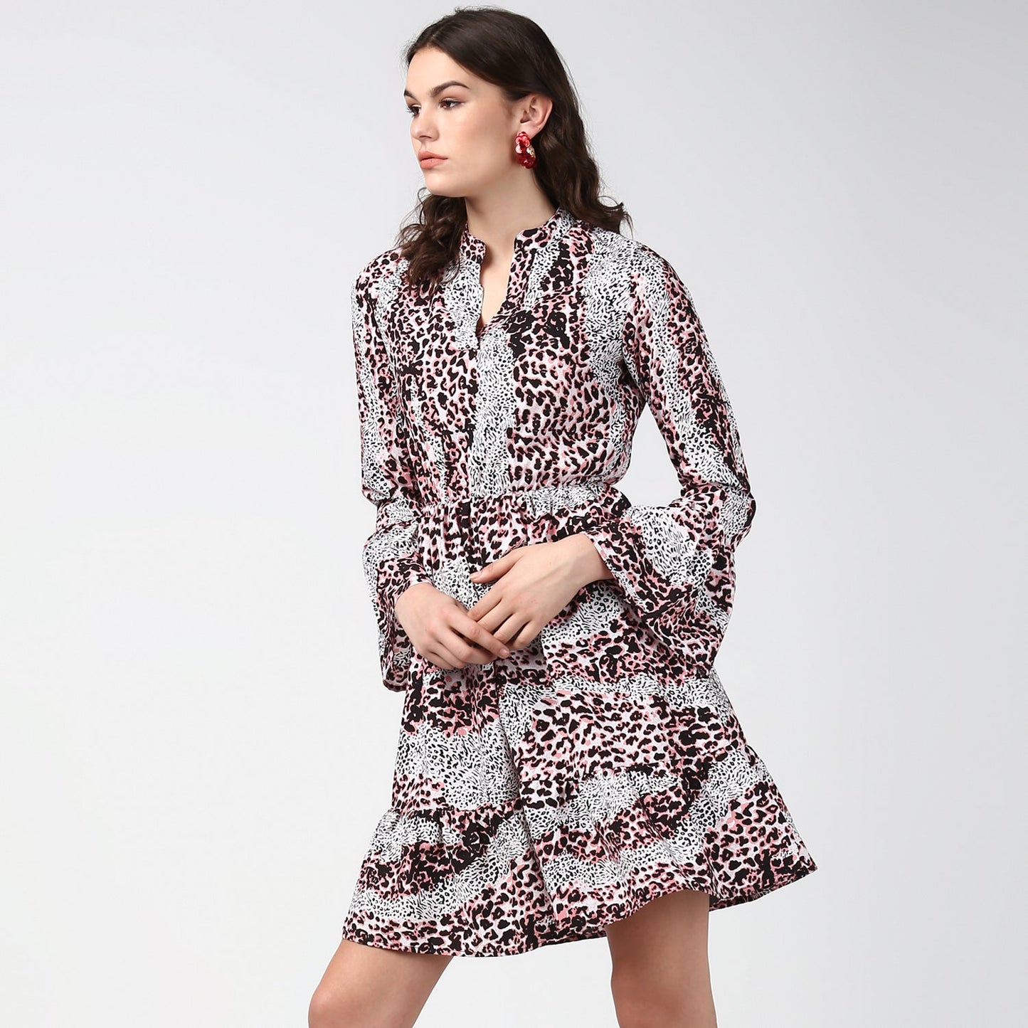 Women's Pink and Black Animal Print Dress with Bell Sleeves