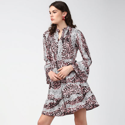 Women's Pink and Black Animal Print Dress with Bell Sleeves