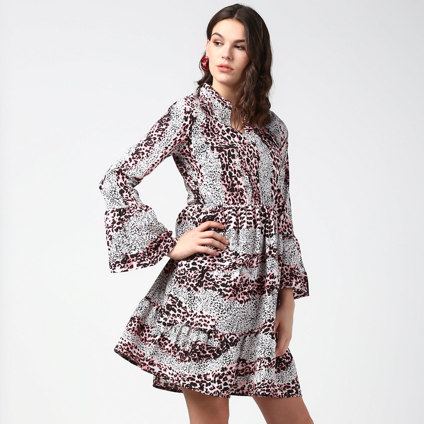 Women's Pink and Black Animal Print Dress with Bell Sleeves