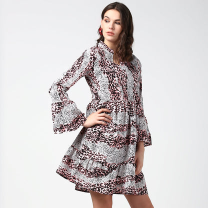 Women's Pink and Black Animal Print Dress with Bell Sleeves